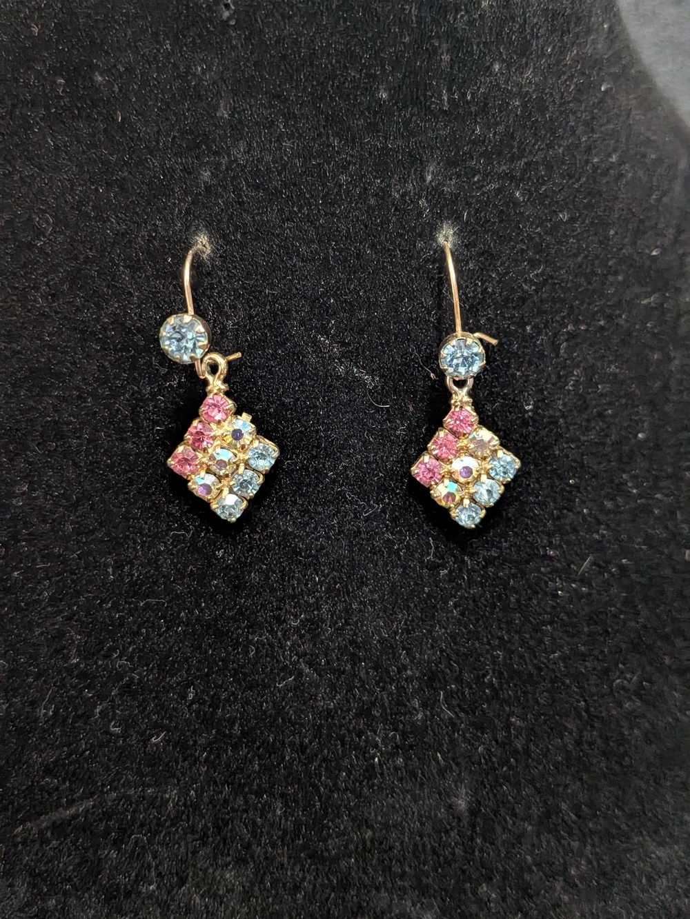 Gold-Tone Drop Earrings with Pink and Light Blue Crystals
